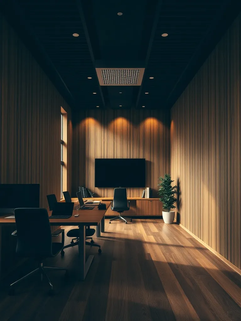 Minimalist dark office interior with clean wooden lines and