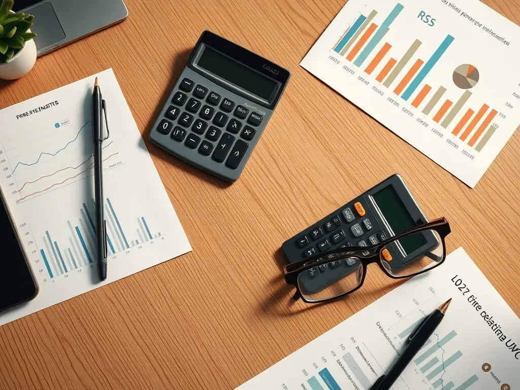 A minimalist, high-end office desk with a financial calculat